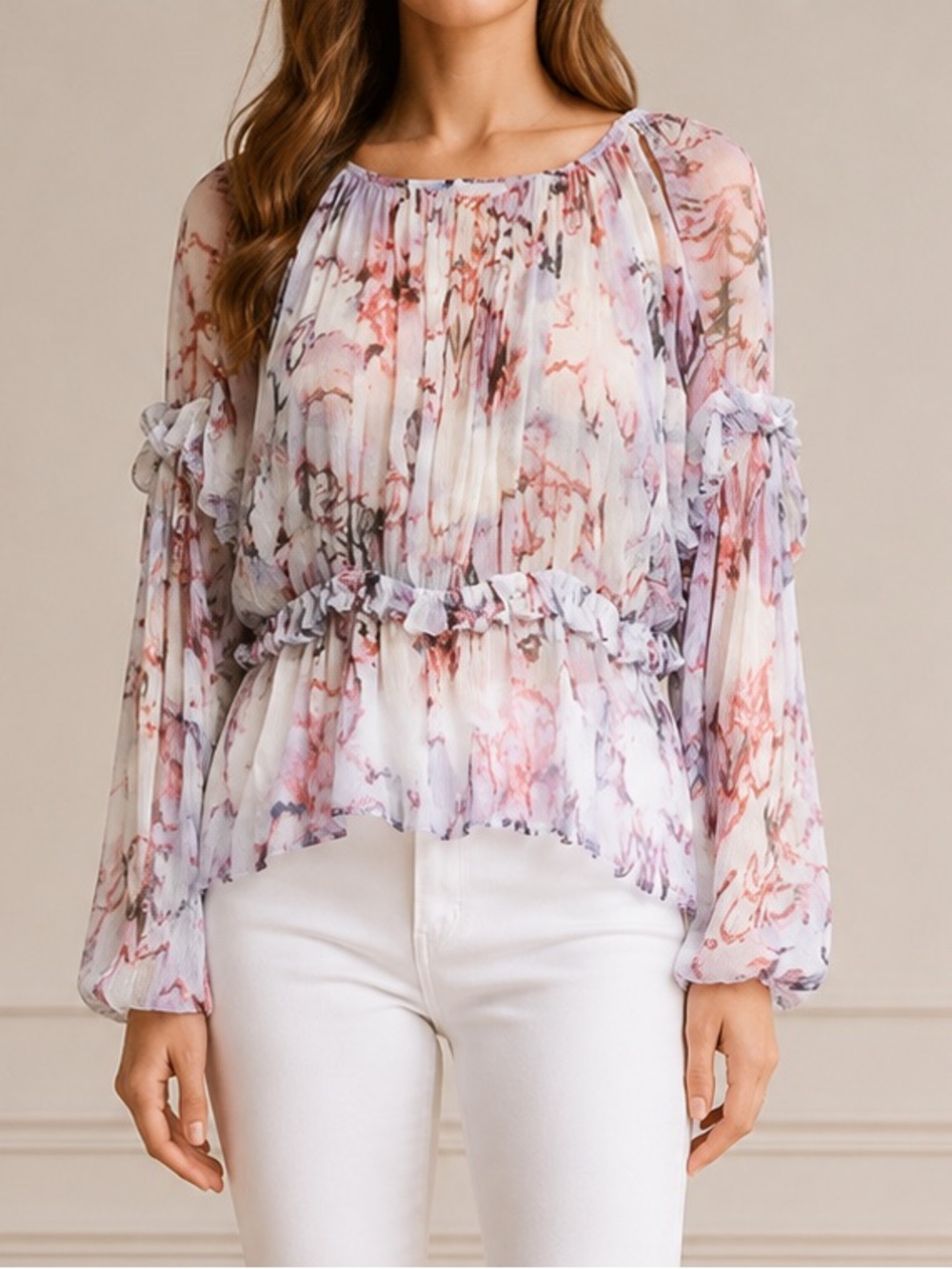 NWT IRO Jozefa Abstract Print Cut-Out Ruffle Pleated Blouse Size 36 EU 6 US NEW
